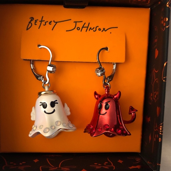 Betsey Johnson White Angel Ghost & Red Ghost Devil Mismatch Drop Earrings NWT - Picture 1 of 12